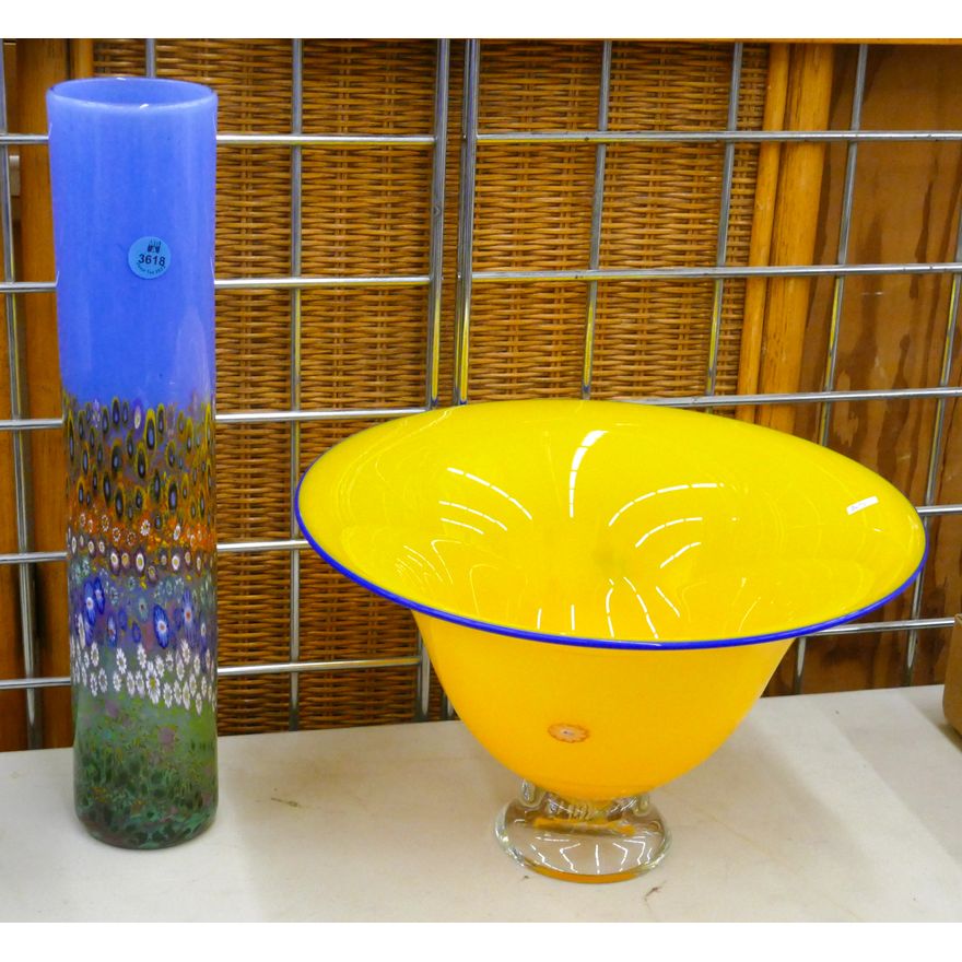 2pc Studio Glass Compote and Cylinder Vase 12'' to 15''