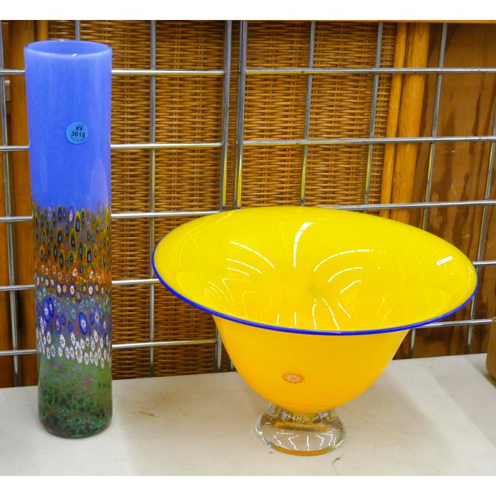 2pc Studio Glass Compote and Cylinder Vase 12'' to 15''