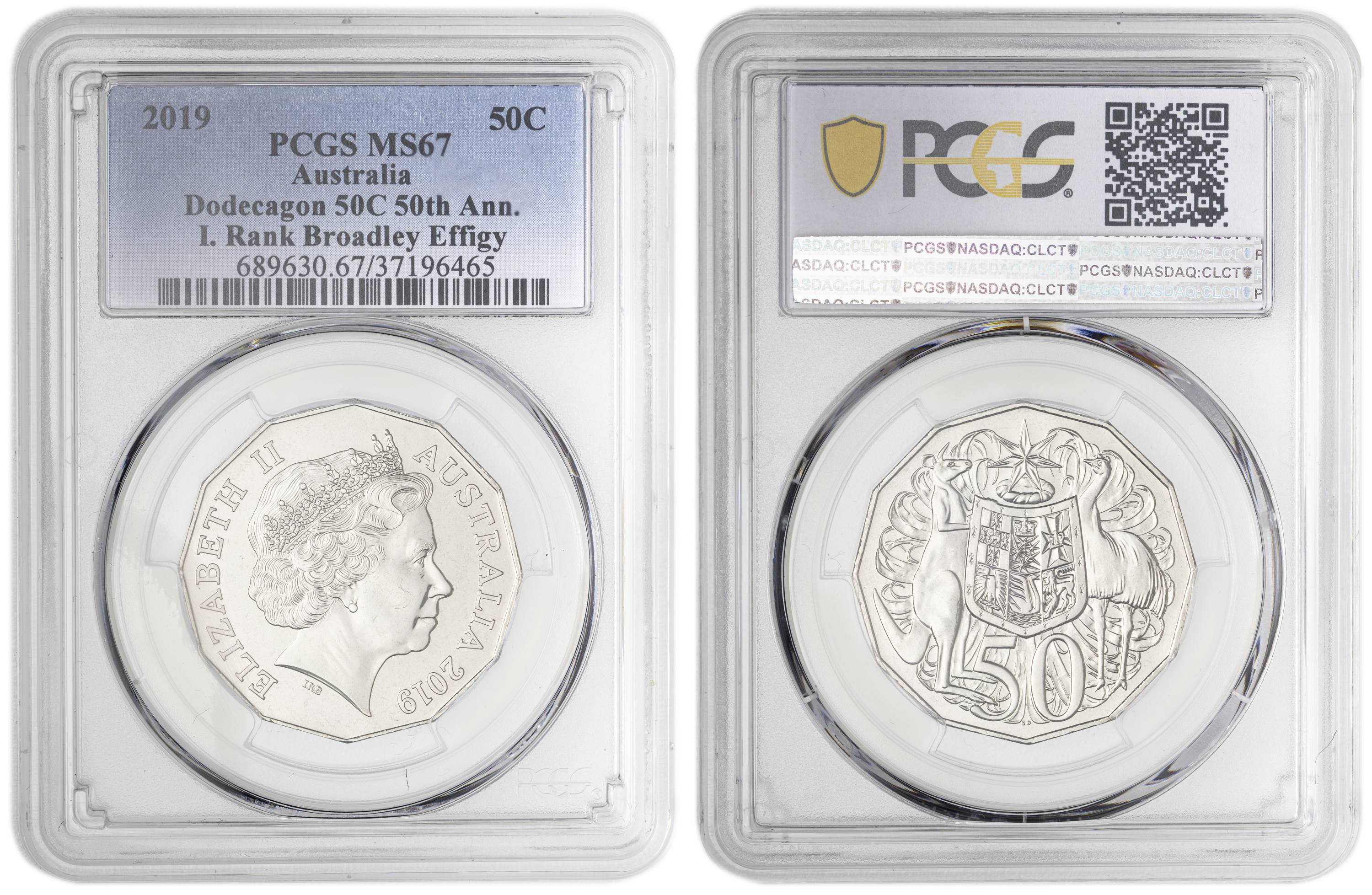 Dodecagon 50C 50th Ann. I. Rank Broadley Effigy , Fifty Cent, 2019, PCGS MS67