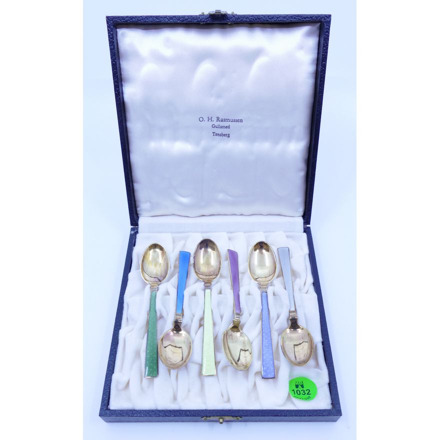 Set Marthinsen Norwegian Enameled Sterling Demi Spoons in Box