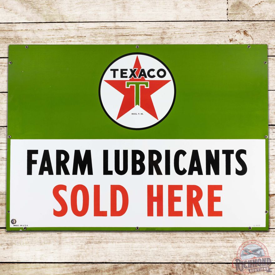 Amazing 1950 Texaco Farm Lubricants Sold Here SS Porcelain Sign w/ Logo