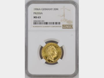 1906 GERMAN PRUSSIA GOLD 20 MARKS COIN MS63