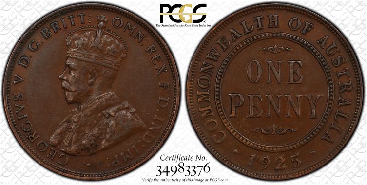 George V, Penny, 1925, PCGS AU50