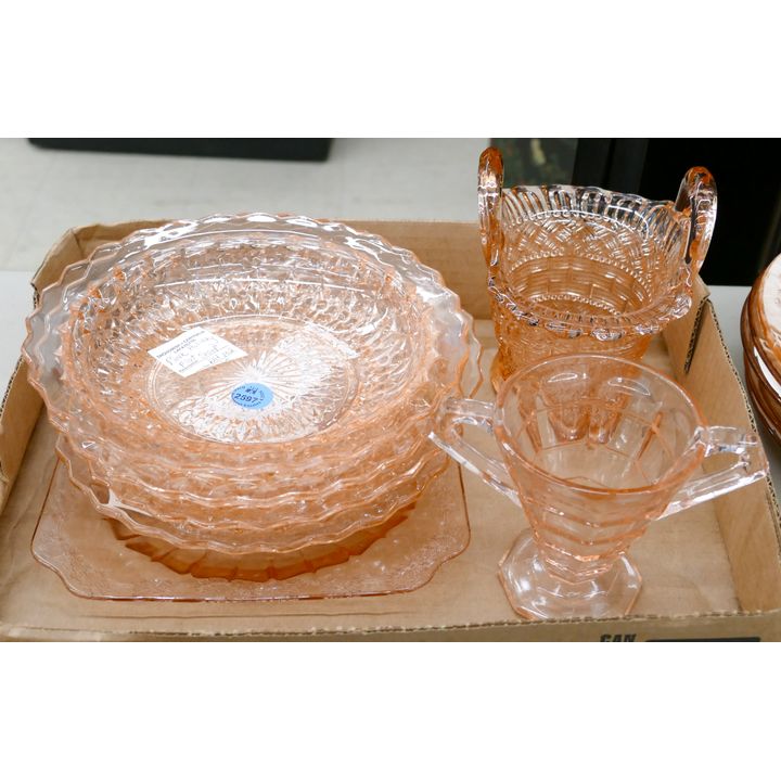 Box 7pc Pink Glass Basket etc.