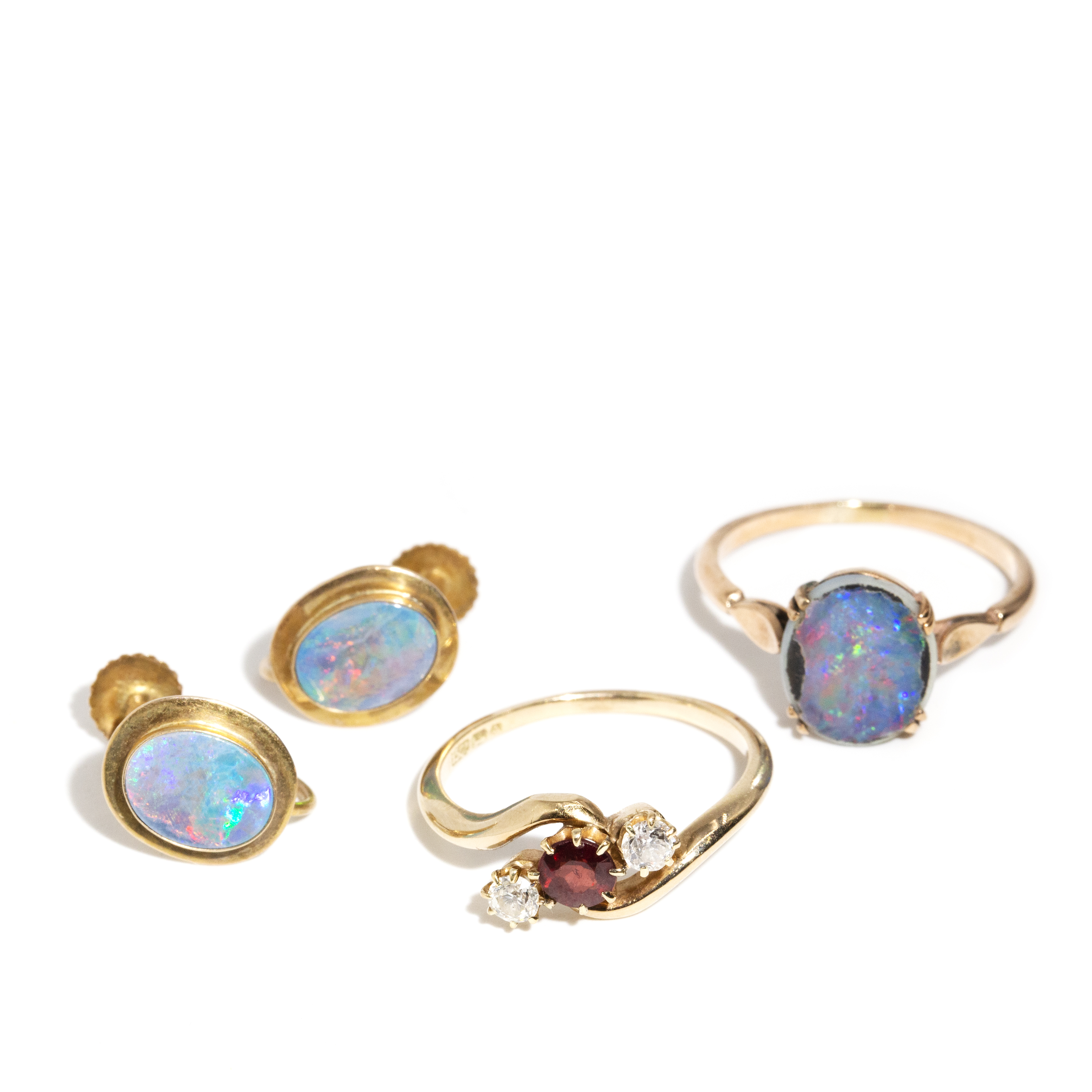 407 · 9ct Opal Triplet Ring & Opal Triplet Earrings & 15ct Gold Diamond Garnet Ring