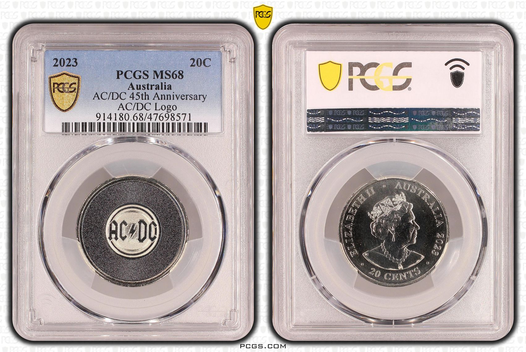 Elizabeth II, AC/DC 45th Anniversary - AC/DC Logo, Twenty Cent, 2023, PCGS MS68
