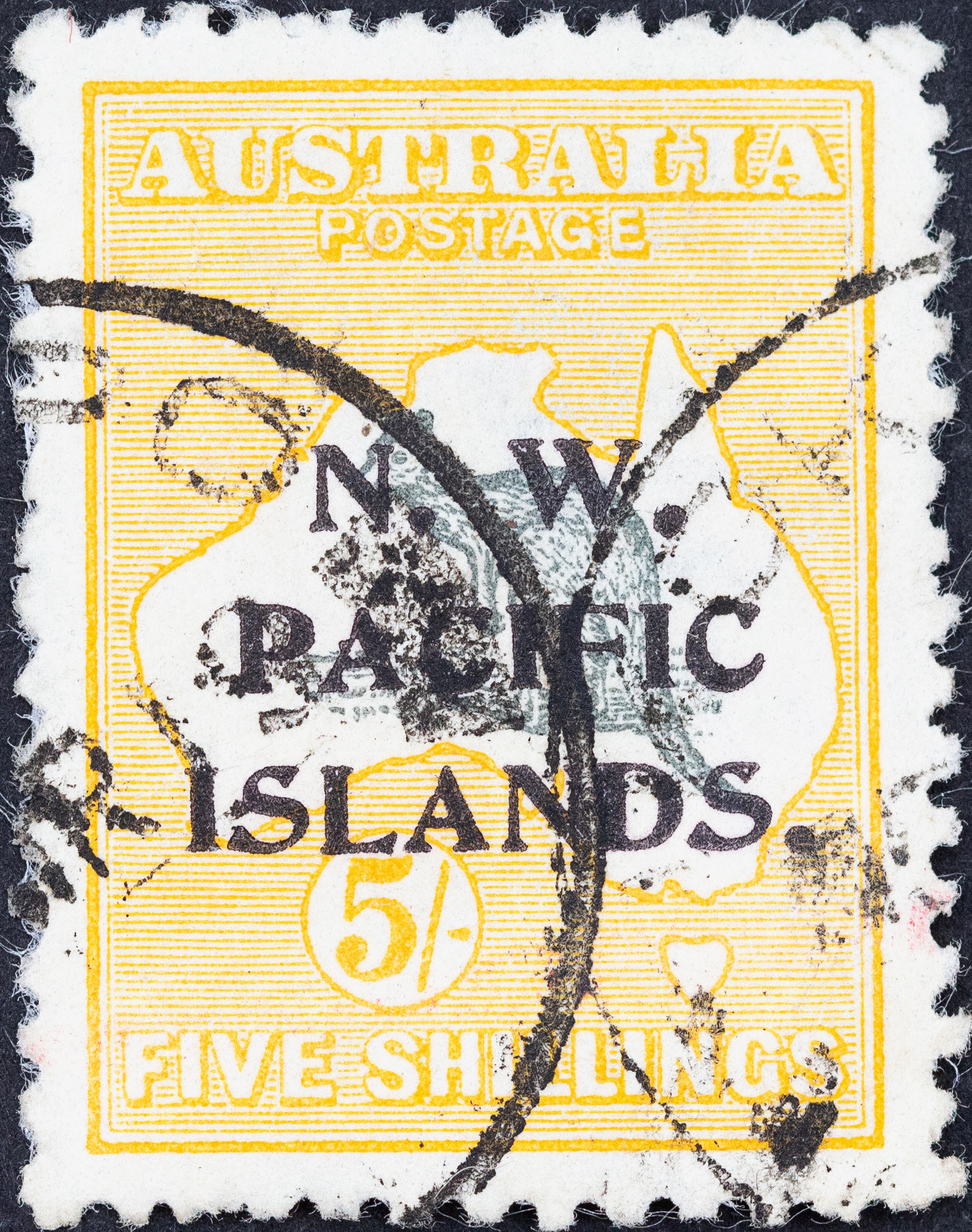 New Guinea, Second Watermark Kangaroo NWPI Overprints, Five Shillings, Grey & Yellow, 1915, Good