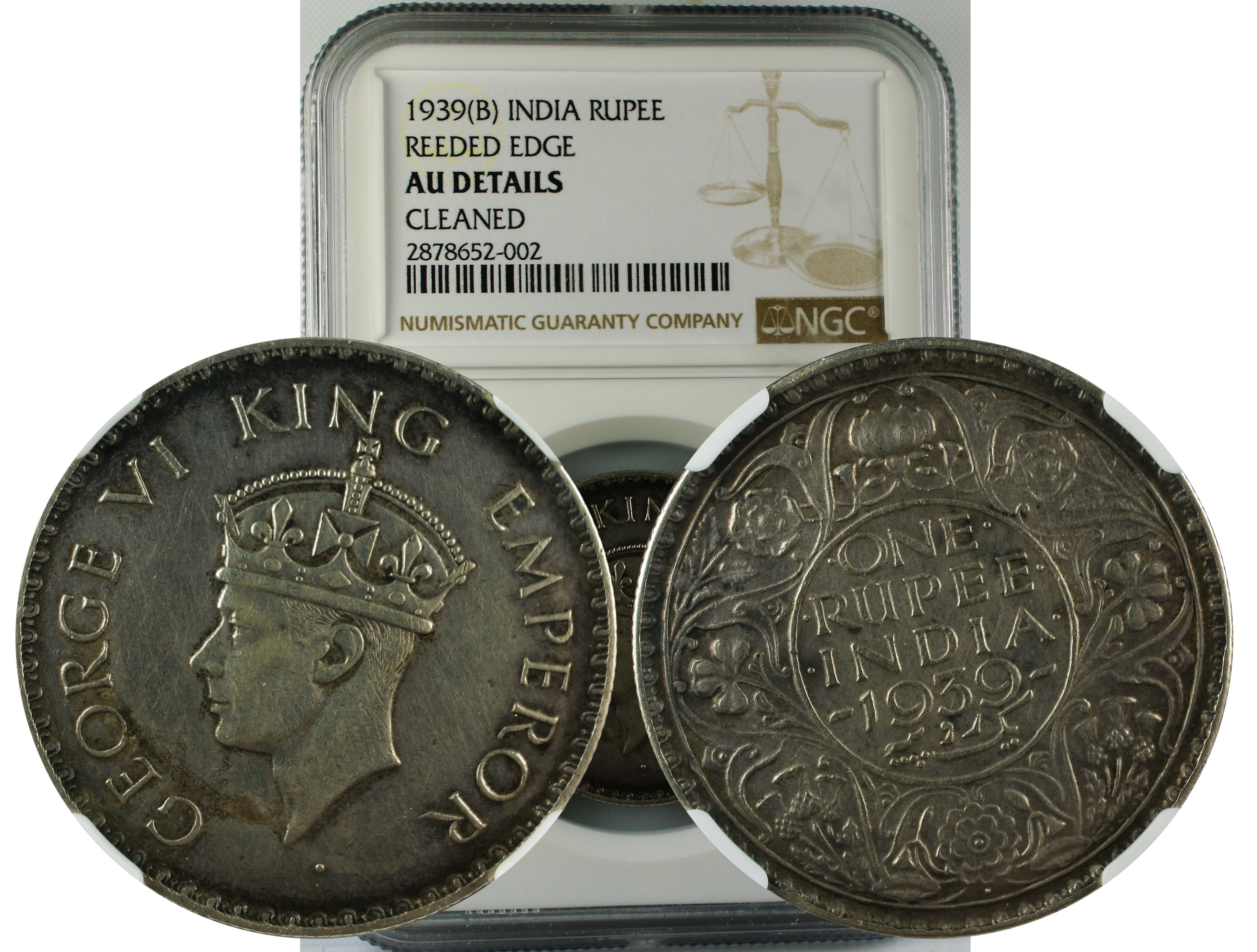1939 B INDIA RUPEE REEDED EDGE AU DETAILS CLEANED