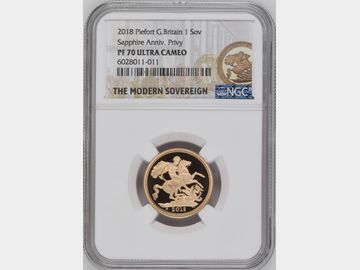 2018 ELIZABETH II 'SAPPHIRE ANNIVERSARY' GOLD PIEDFORT PROOF SOVEREIGN PF70 UCAM