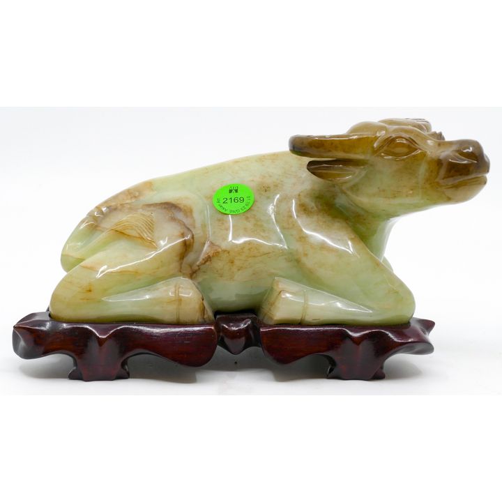 Chinese Carved Jade Reclining Ox on Stand 8''
