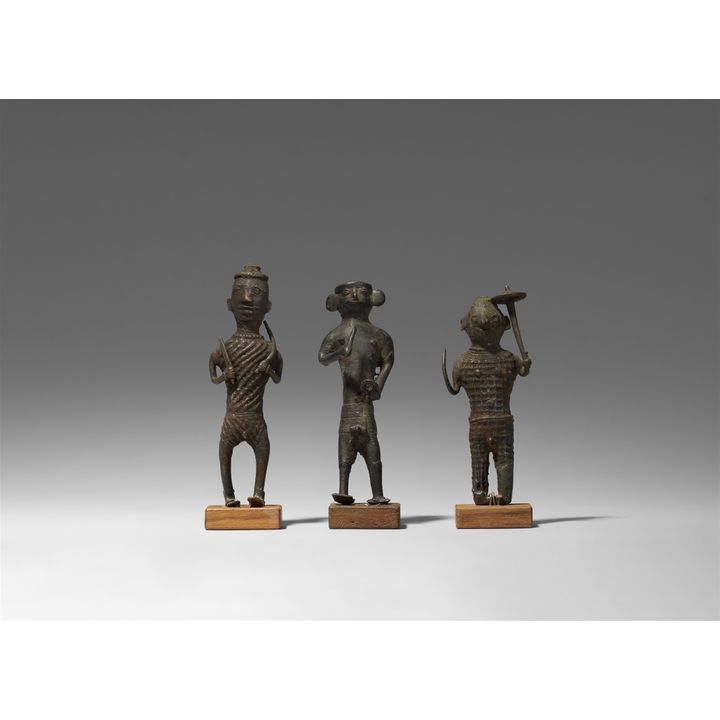 Three copper alloy figures of standing males. Central India, Orissa/Andhra Pradesh border region. Maliah-Kondh tribe. Late 19th/20th century