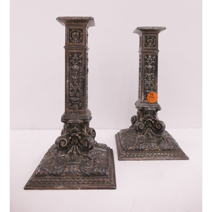 Pair Antique Renaissance Revival SP Candlesticks- 8.5''