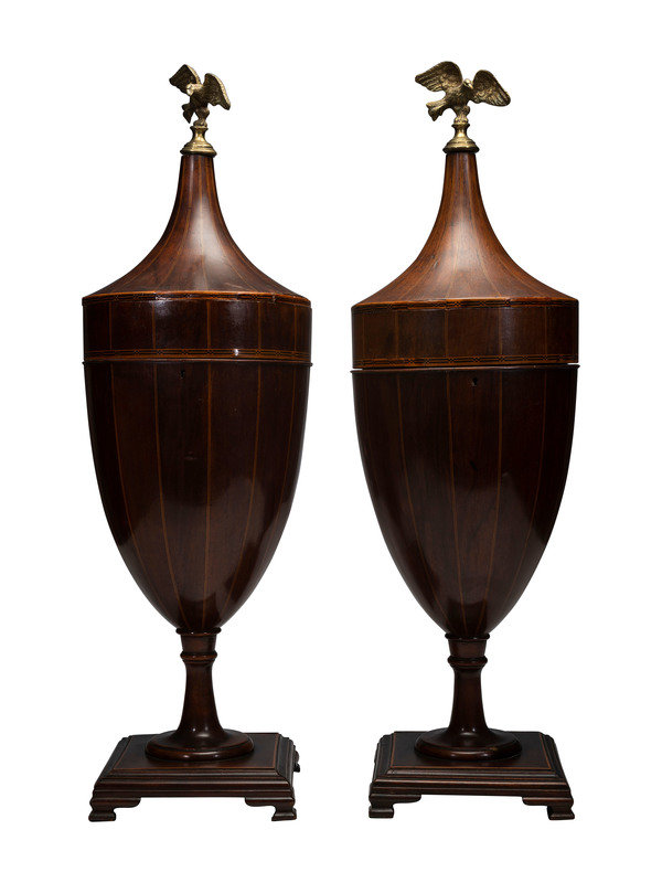 A Pair of George III-Style Satinwood-Inlaid Mahogany Cutlery Urns