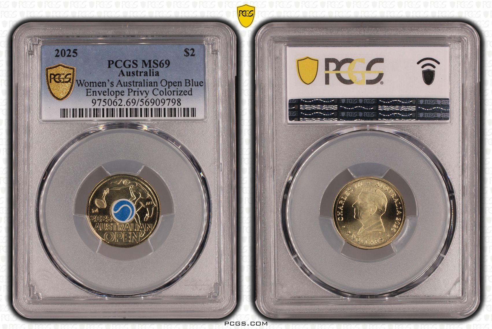 Women's Australian Open Blue Envelope Privy Colourised, Two Dollar, 2025, PCGS MS69