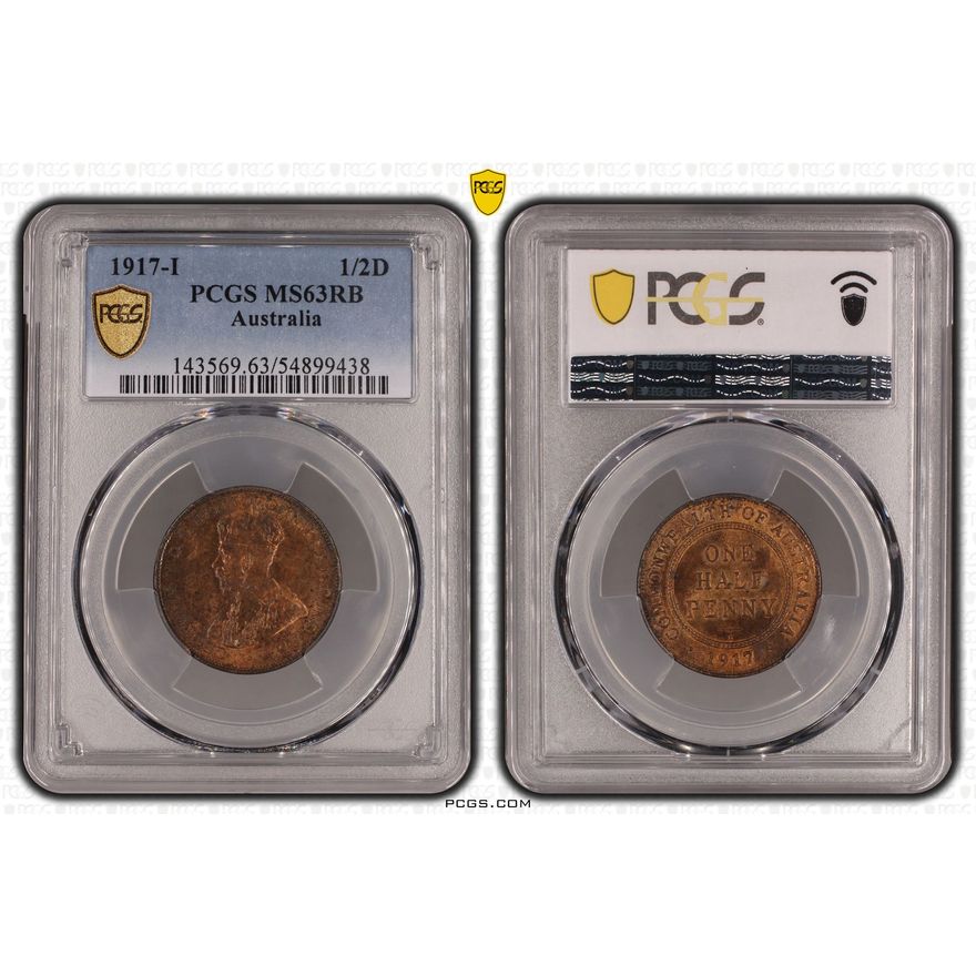 George V, Half Penny, 1917-I, PCGS MS63RB