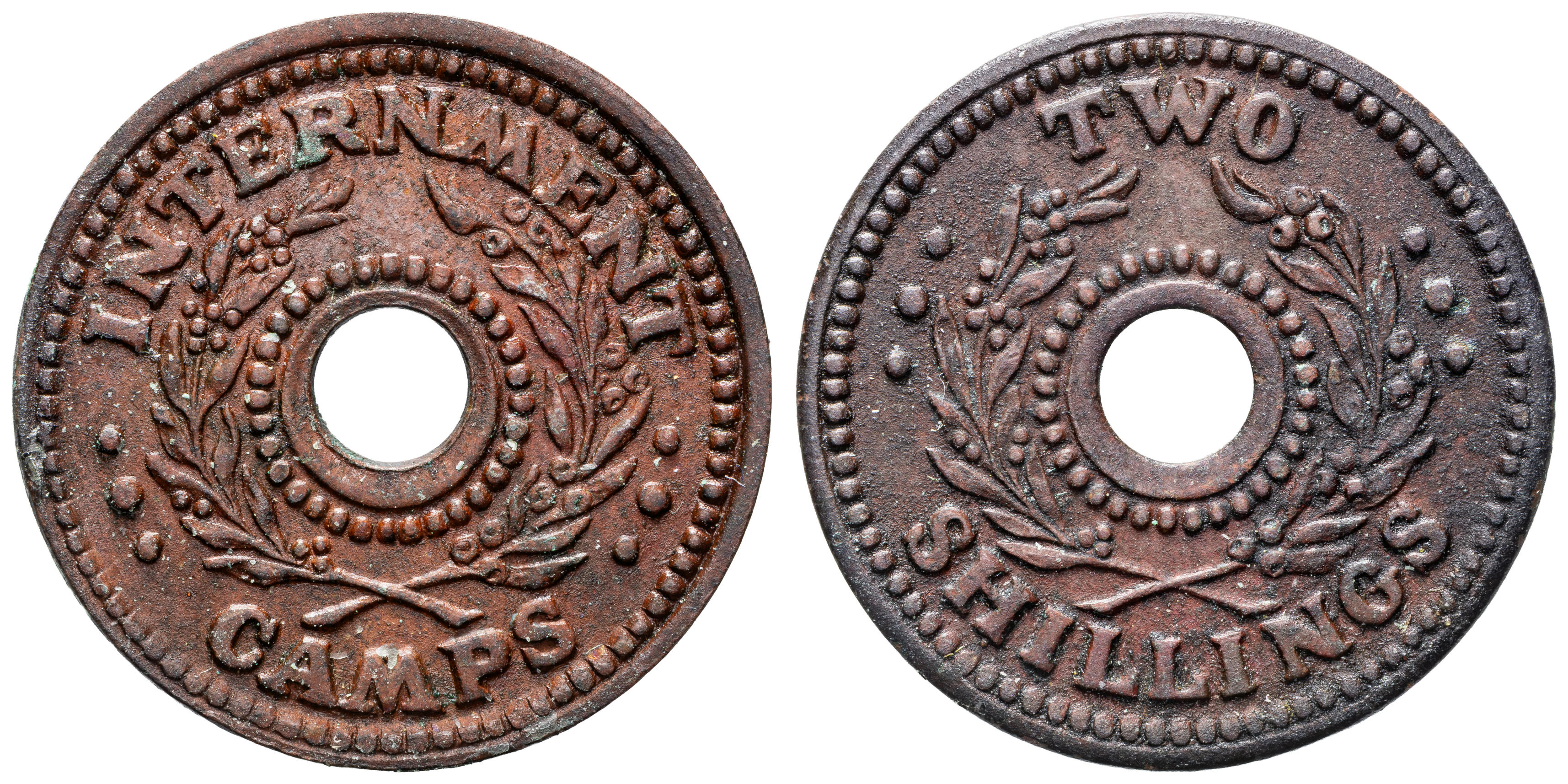 Department of Army Internment Camp Currency Token, Two Shillings, WWII, gF