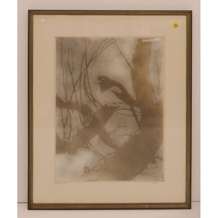 Trucksess 'Magpie in Fog' Lithograph Framed- 31x25''