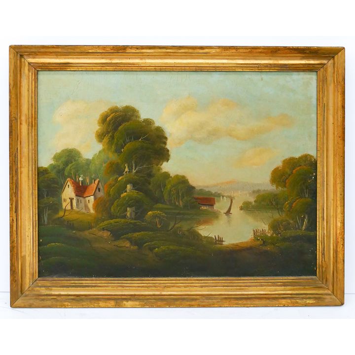 Antique Italian River Scene Oil on Board. Unsigned. Gilt Frame- 22x28''