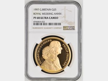 1997 ELIZABETH II 'ROYAL WEDDING ANNIVERSARY' PROOF GOLD 5 POUND PF68 UCAM