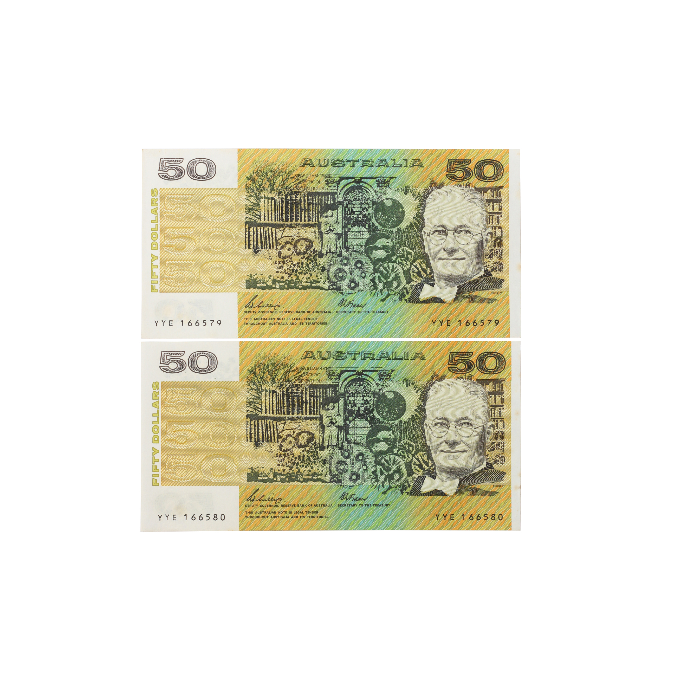 2061. · Consecutive Pair, Phillips/Fraser, Fifty Dollars, 1989, UNC