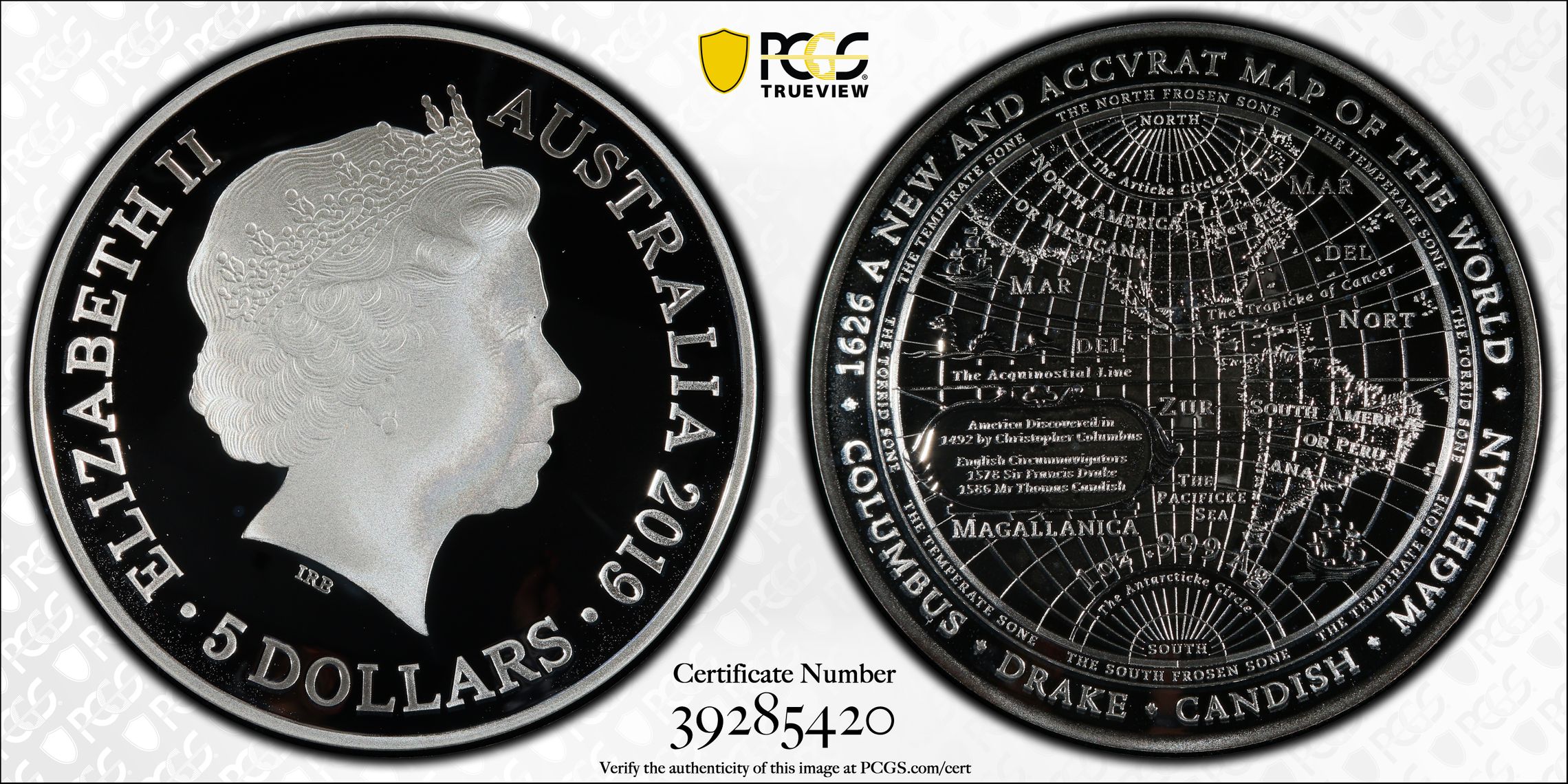 New Map of the World 1626 , Five Dollar, 2019, PCGS PR70DCAM