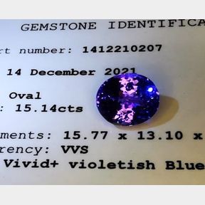 15.14CT VERIGEM CERTIFIED TANZANITE OVAL SHAPE VIVID EXCEPTIONAL AAA+ VIOLET BLUE - 51610/17