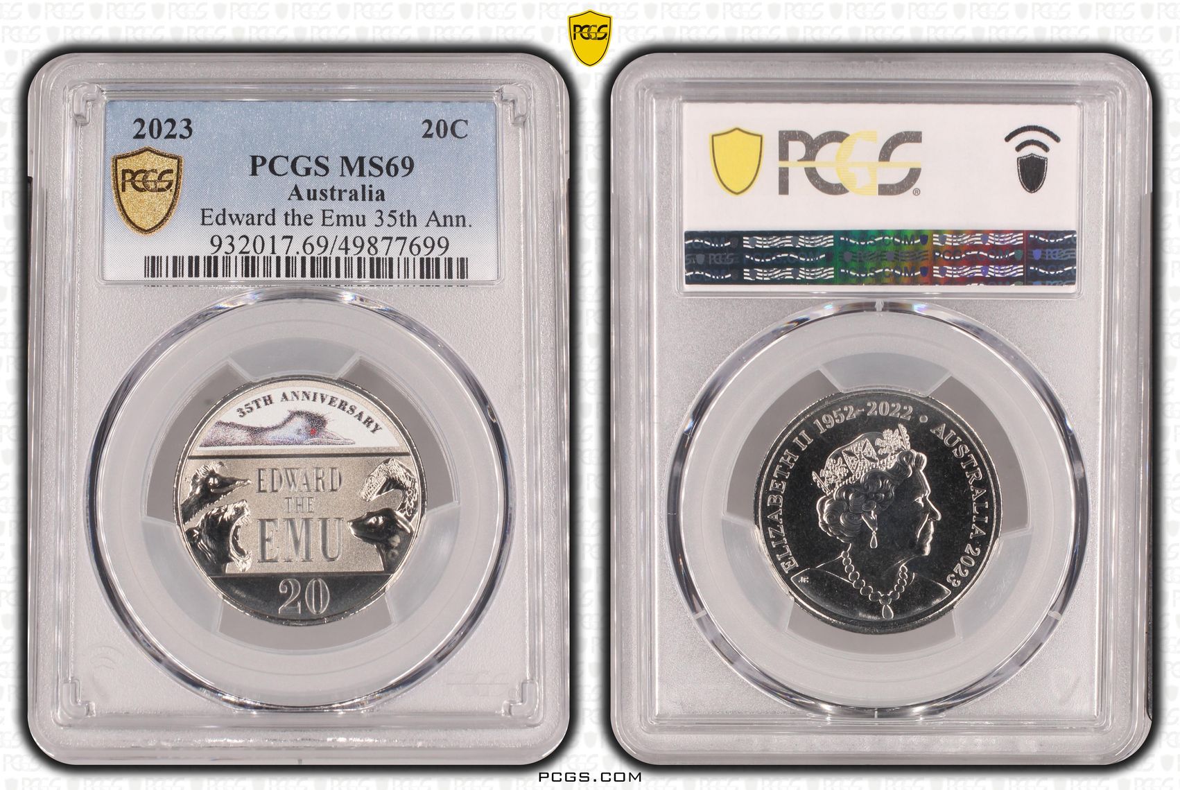 Edward the Emu 35th Ann. , Twenty Cent, 2023, PCGS MS69