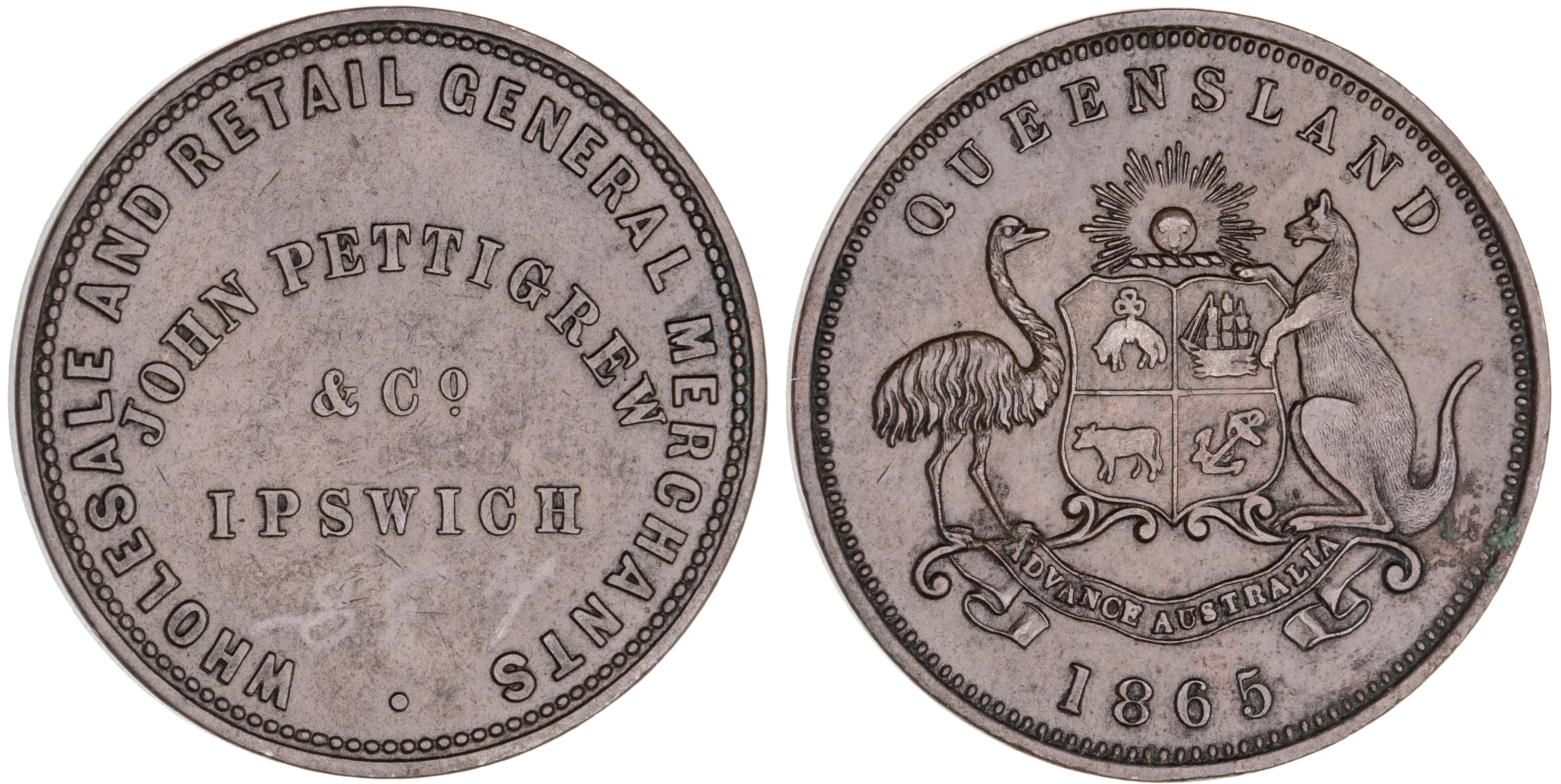Ipswich, Queensland, John Pettigrew & Co., Penny, 1865, EF