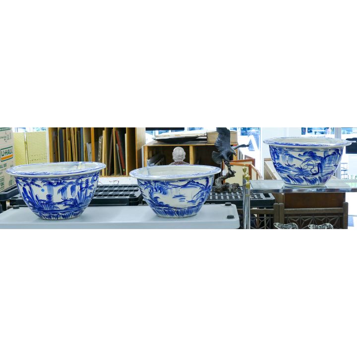 3pc Large Asian B&W Landscape Porcelain Planter - Largest 24''