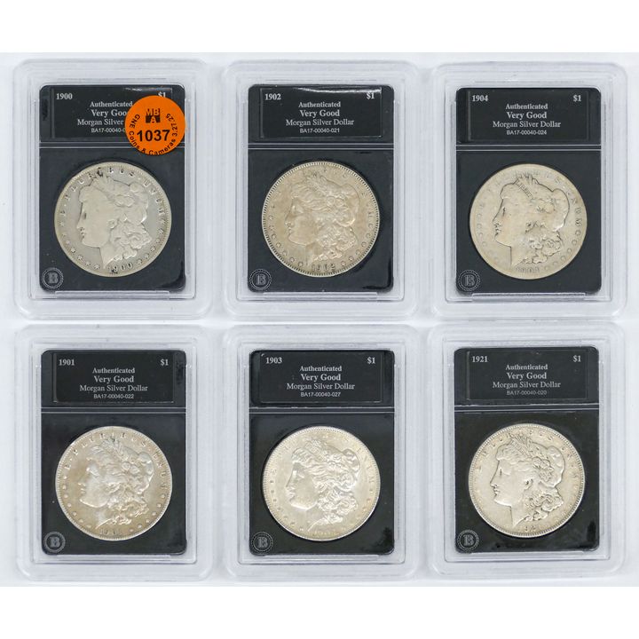 6pc US Morgan Silver Dollars 1900-1921 Graded VG