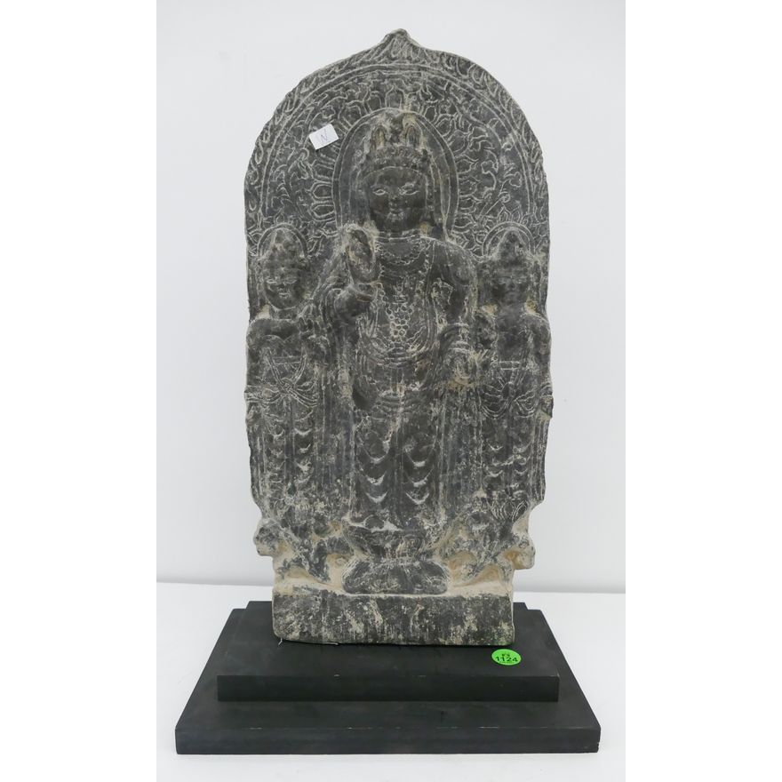 Old Chinese Carved Stone Stele of Guanyin on Stand- 17x10''