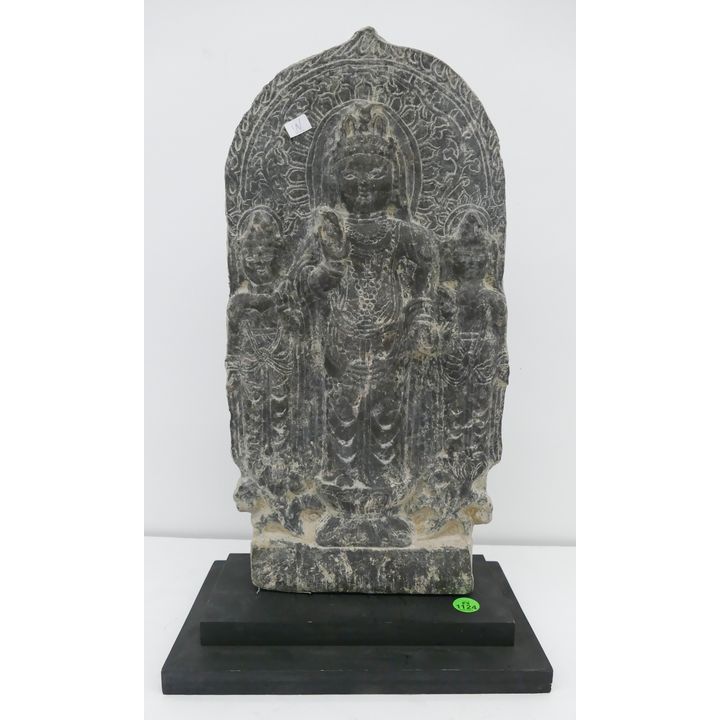 Old Chinese Carved Stone Stele of Guanyin on Stand- 17x10''