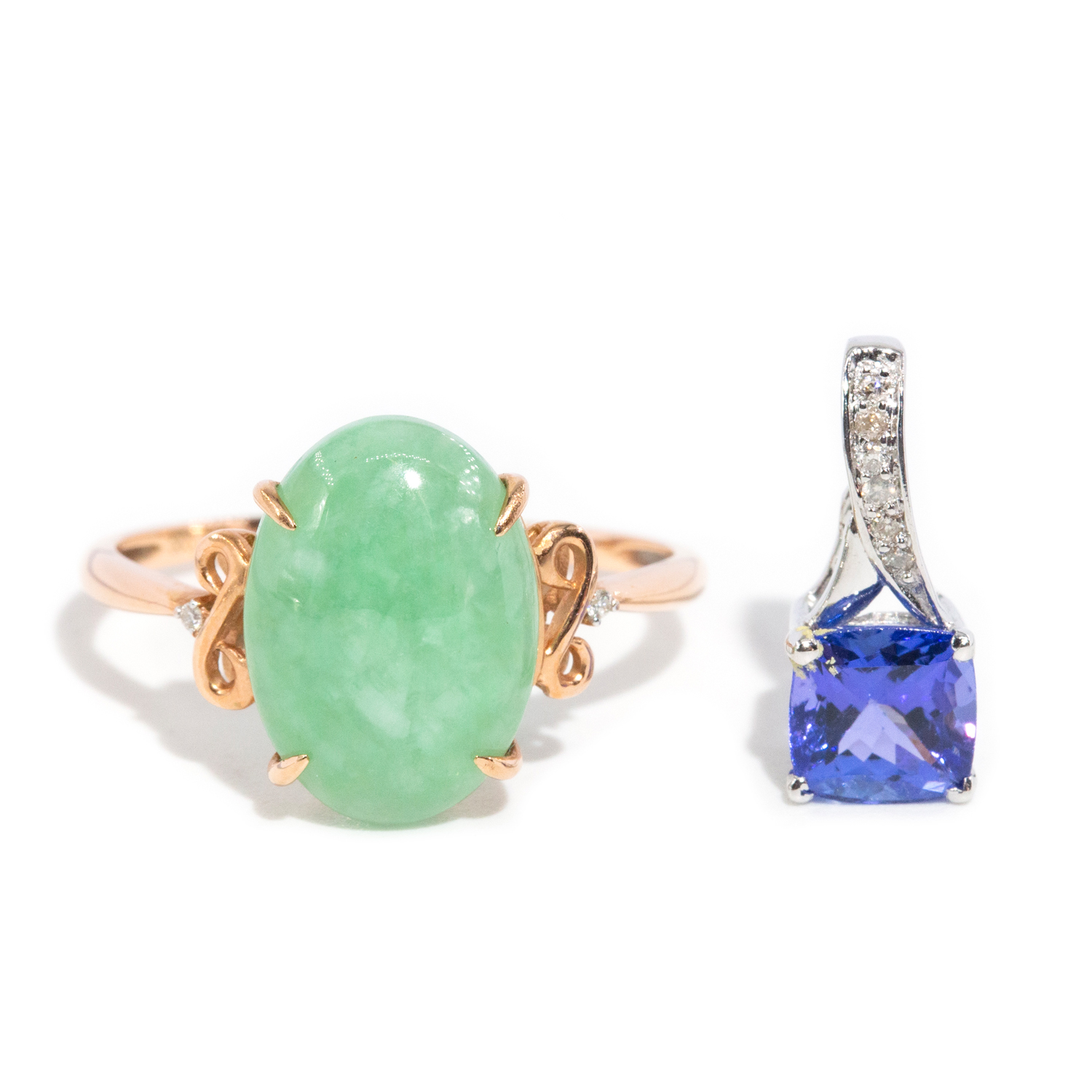 Mixed Gold Lot: Tanzanite & Diamond Pendant with Jade Dress Ring