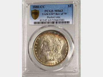1880 USA 'Carson City Mint' Morgan Silver Dollar (VAM 8 8/7 Reverse of 79) PCGS MS63