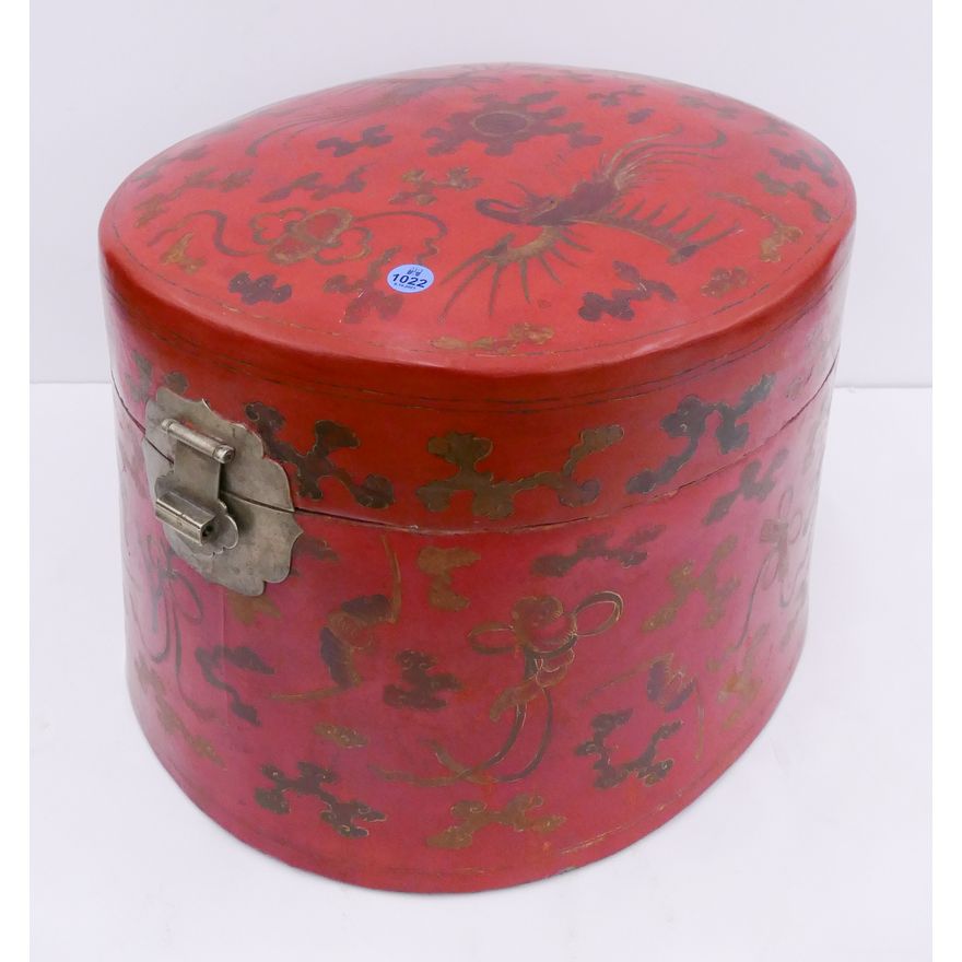 Old Chinese Red Lacquered Phoenix Hat Box- 12x17''
