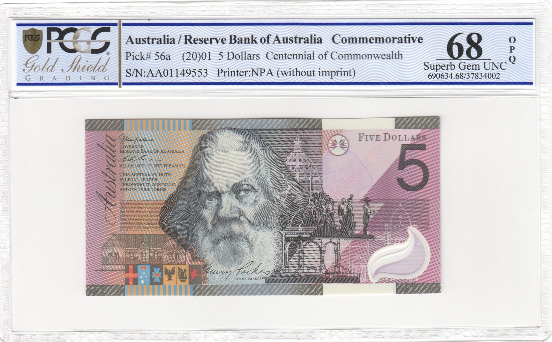 Macfarlane/ Evans, Five Dollar, 2001, PCGS Superb Gem UNC 68 PPQ