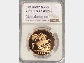 1990 ELIZABETH II GOLD PROOF 5 POUND COIN PF70 ULTRA CAMEO