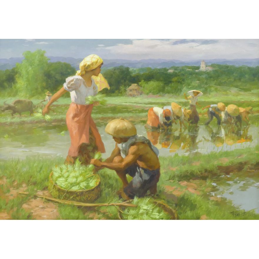 Fernando Amorsolo (1892-1972 Philippines) 'Planting' (Rice) Oil on Canvas, 1955