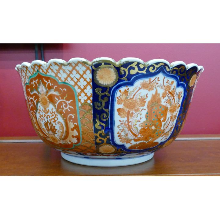 Ornate Japanese Gilt Imari Scalloped Bowl- 17x14''