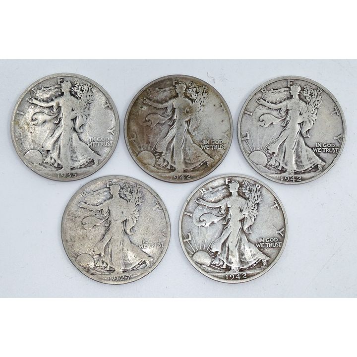 Box 5pc US Walking Liberty Silver Half Dollars