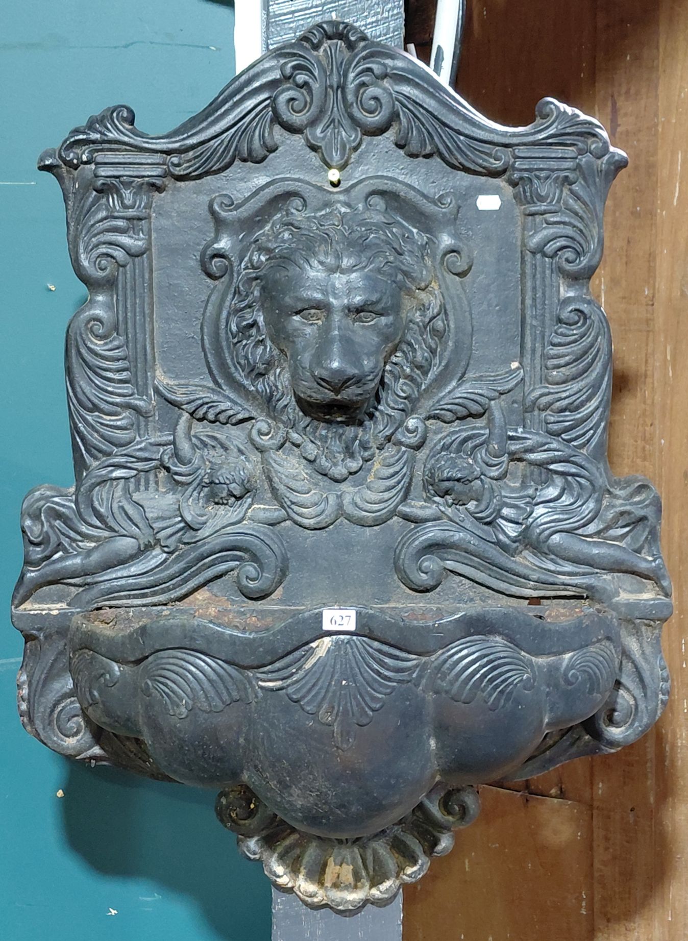 HIGHLY ORNATE CAST IRON WALL MOUNTED FOUNTAIN