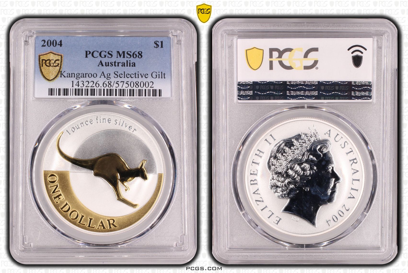 Elizabeth II, Kangaroo KM-723a Select Gilt Silver, One Dollar, 2004, PCGS MS68