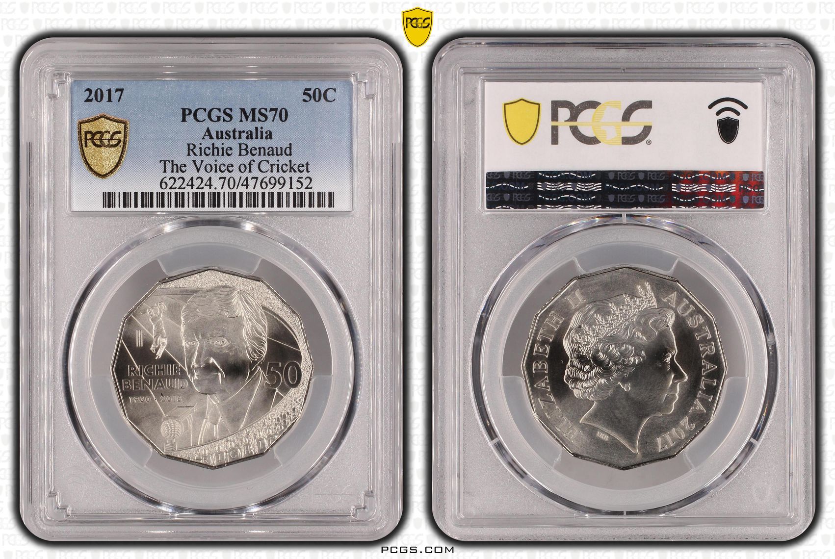 Richie Benaud, Fifty Cent, 2017 POP Report 7/0, PCGS MS 70