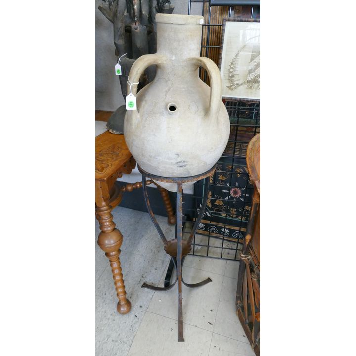 Antique European Handled Ceramic Amphora Jug on Wrought Iron Stand