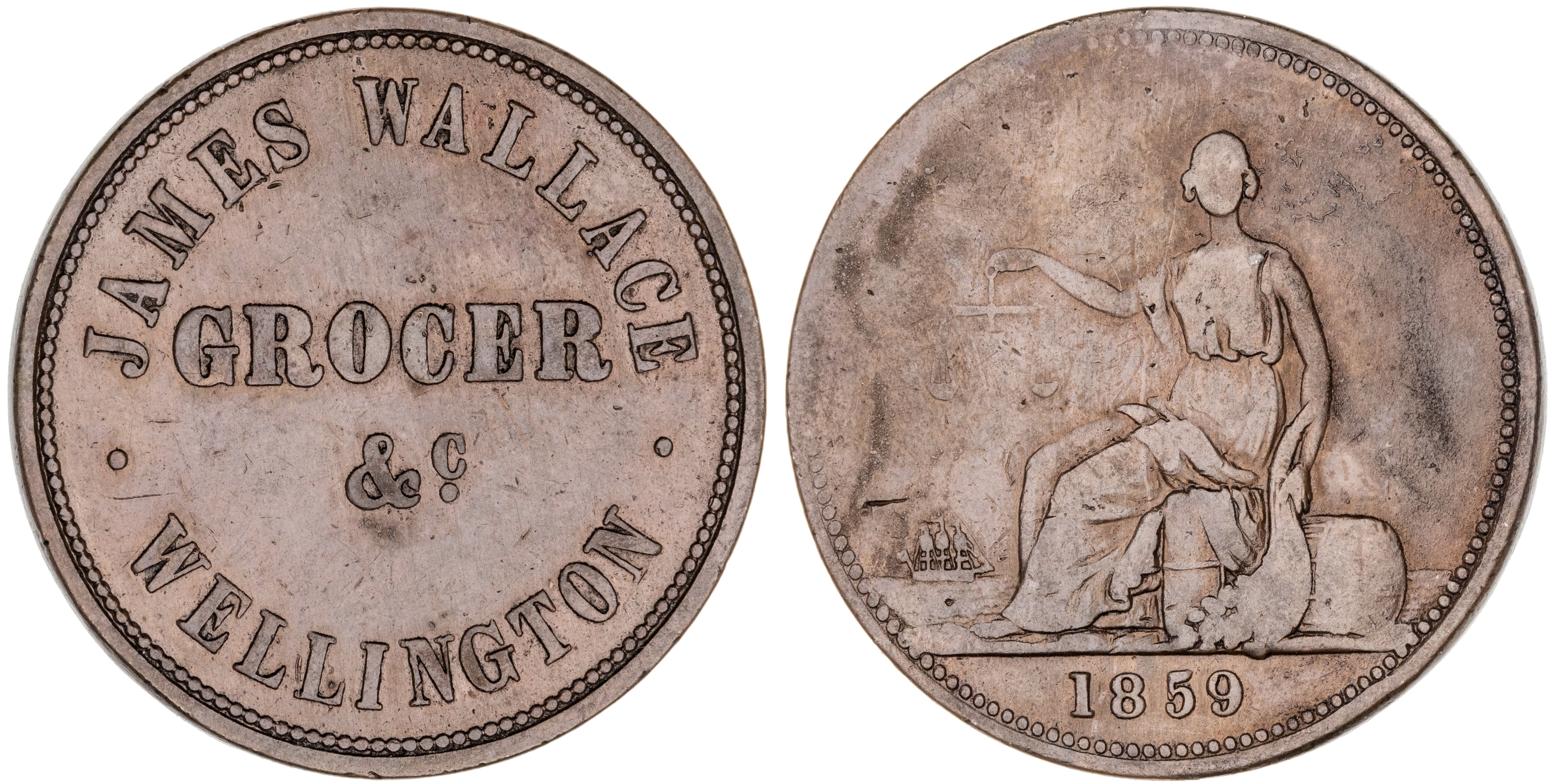 434 · Wellington, New Zealand, James Wallace, Penny, 1859, Fine