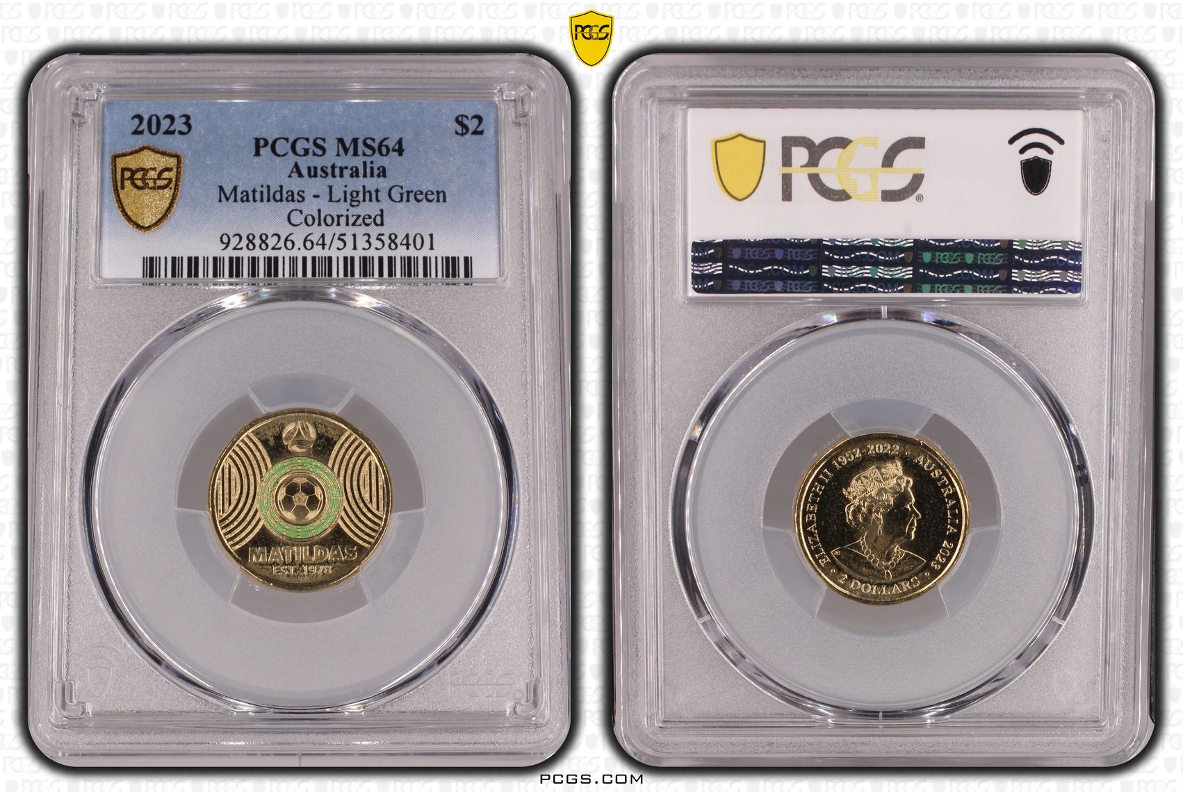 Matildas - Light Green Colorized, Two Dollar, 2023, PCGS MS64