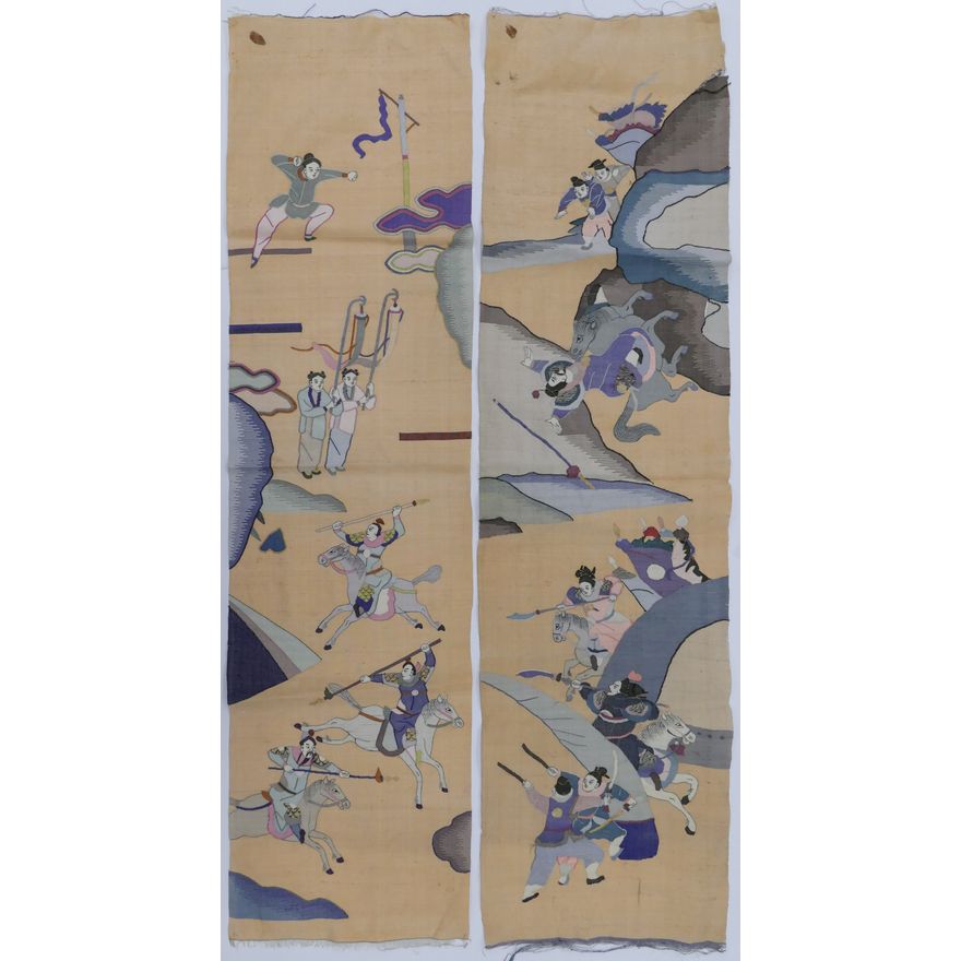 Pair Chinese Kesi Silk Warrior Panels