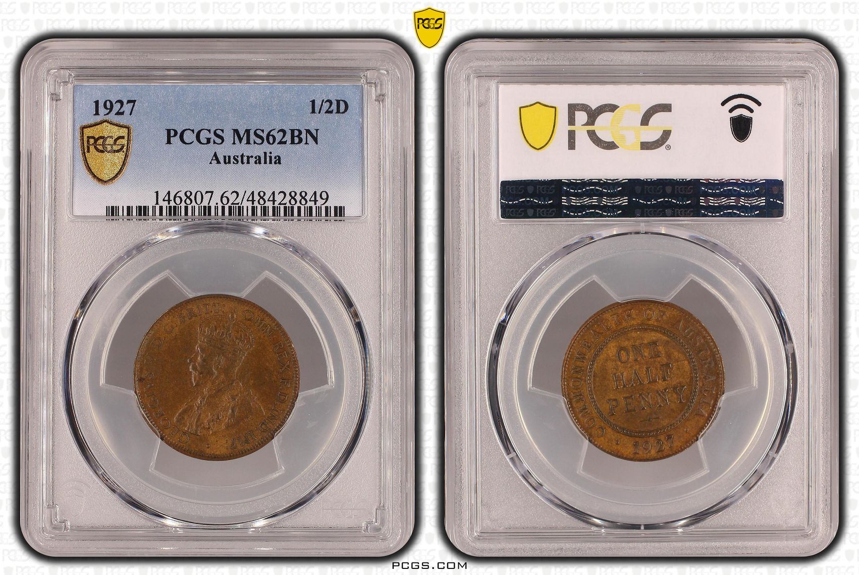 George V, Halfpenny, 1927, PCGS MS62BN