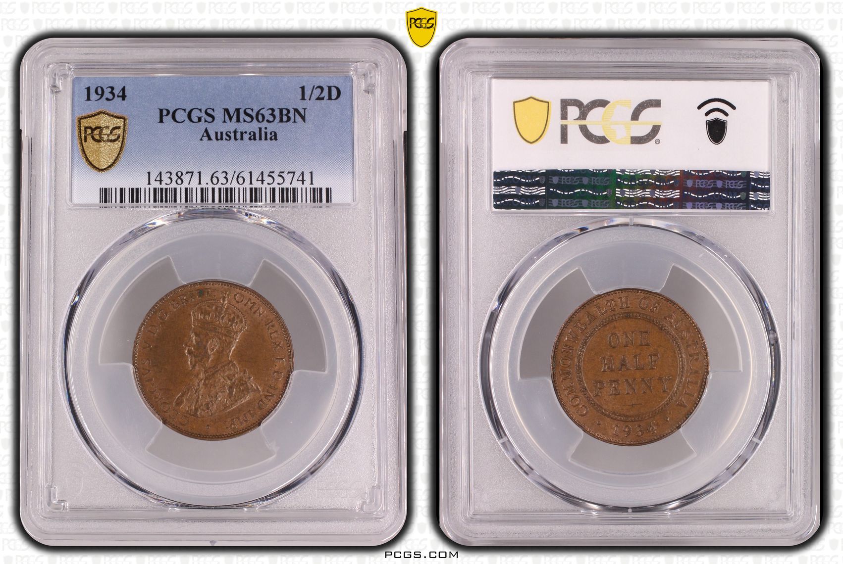 George V, Halfpenny, 1934, PCGS MS63BN