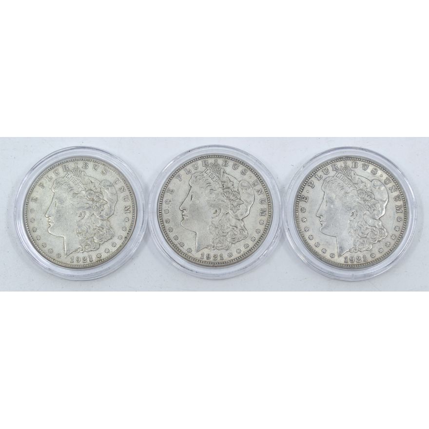 Box 3pc US 1921 Morgan Silver Dollars in Cases